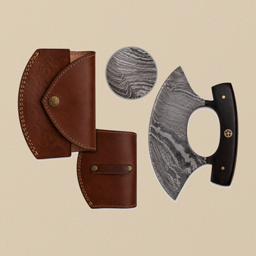 Ulu Knife with 6-inch Damascus Steel Blade, Rosewood Handle and Leather Sheath | Ulu Knife | Toolsmith Ltd UK