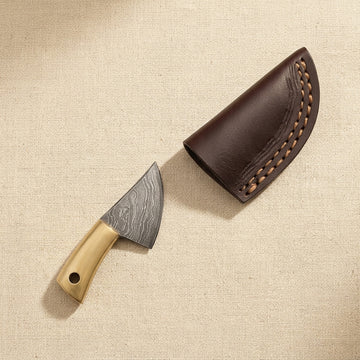 Miniature Damascus Skinner Knife, 66mm Brass-Handled, with Leather Sheath | Miniature Knife | Toolsmith Ltd UK
