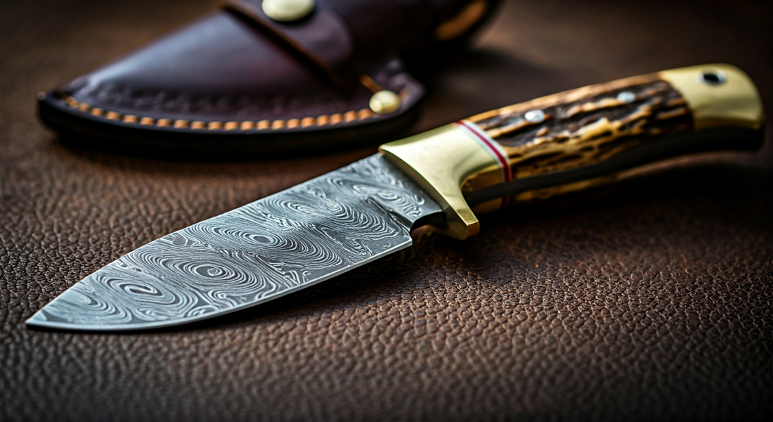 Hand-forged Damascus knife with twist pattern blade and bone handle on dark leather