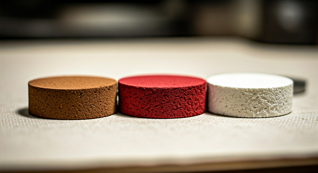 Three polishing compound bars — tripoli, rouge and white diamond — on a cream linen bench