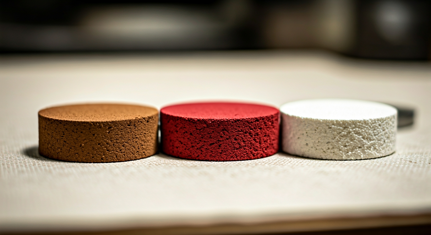 Three polishing compound bars — tripoli, rouge and white diamond — on a cream linen bench