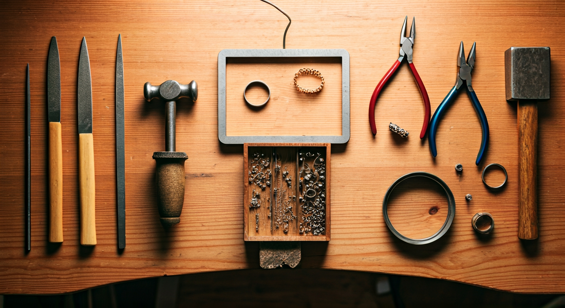 Overhead flat-lay of a jeweller's bench with pliers, files, saw frame, mandrels and hammers