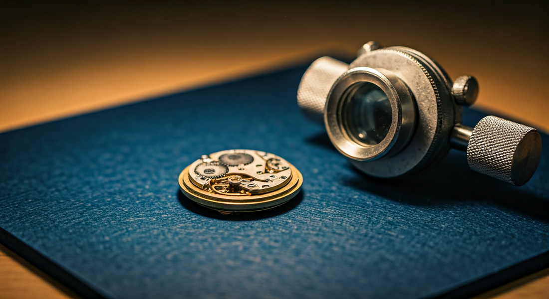 Watchmaker's loupe beside a disassembled vintage movement on navy felt