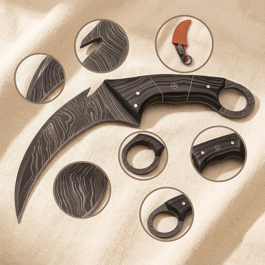 Hand-Forged Karambit Knife, 127mm (5") Damascus Steel Blade with Pakkawood Handle | Knife | Toolsmith Ltd UK