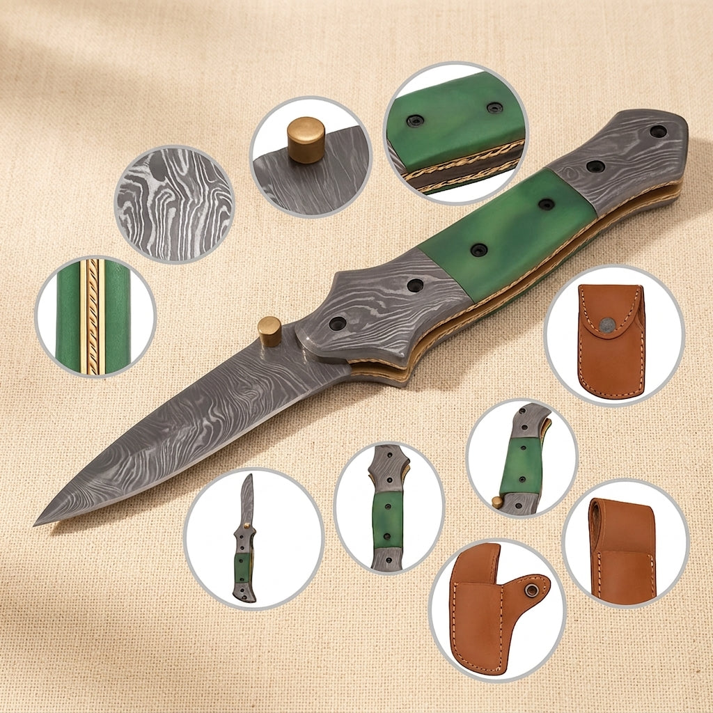 Damascus Steel Folding Knife with Green Camel Bone Handle and Leather Sheath, 7.5-inch | Folding Knife | Toolsmith Ltd UK