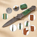 Damascus Steel Folding Knife with Green Camel Bone Handle and Leather Sheath, 7.5-inch | Folding Knife | Toolsmith Ltd UK