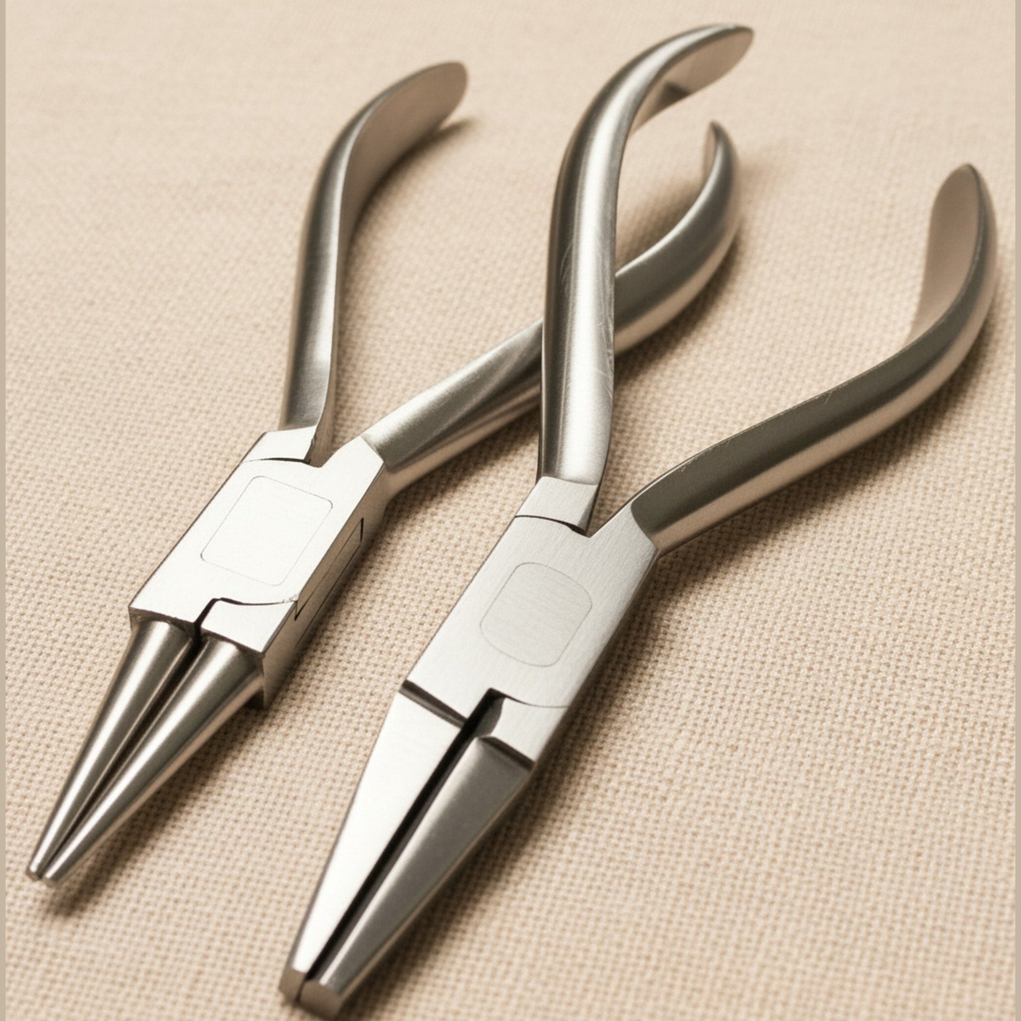 A pair of stainless steel orthodontic pliers, one with round nose jaws and one with half-round/flat jaws, shown side-by-side on a white background.