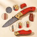 Camel Bone-Handled Damascus Folding Knife (7.4") with Engraved Bolsters and Leather Sheath | Folding Knife | Toolsmith Ltd UK
