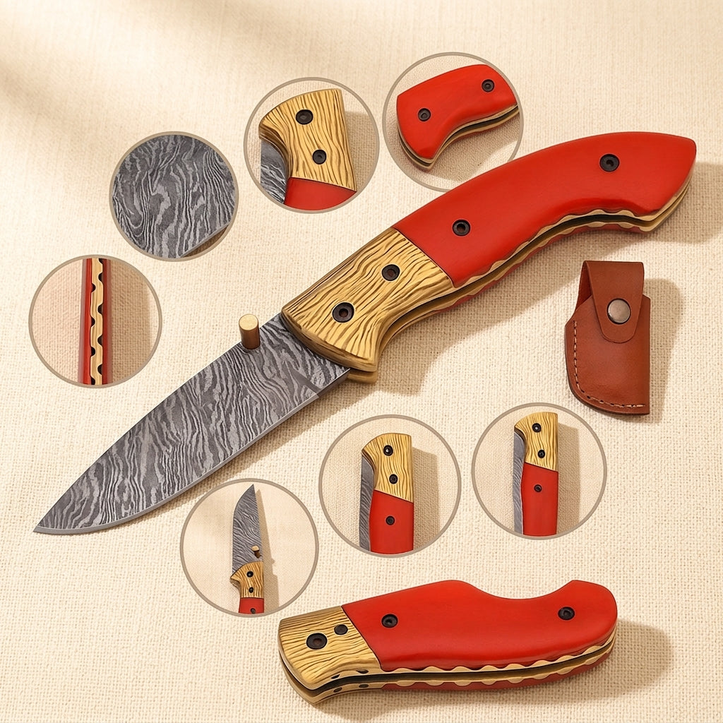 Camel Bone-Handled Damascus Folding Knife (7.4") with Engraved Bolsters and Leather Sheath | Folding Knife | Toolsmith Ltd UK