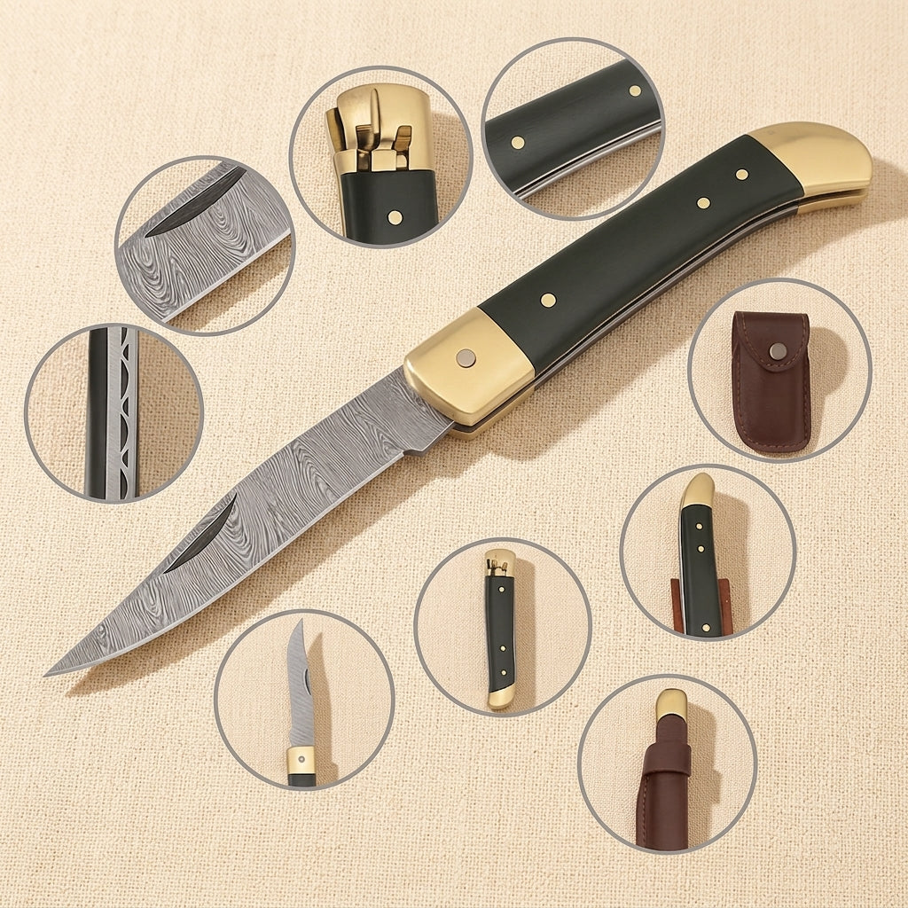 Damascus Steel Folding Utility Knife with Green Micarta Handle and Leather Sheath | Folding Knife | Toolsmith Ltd UK