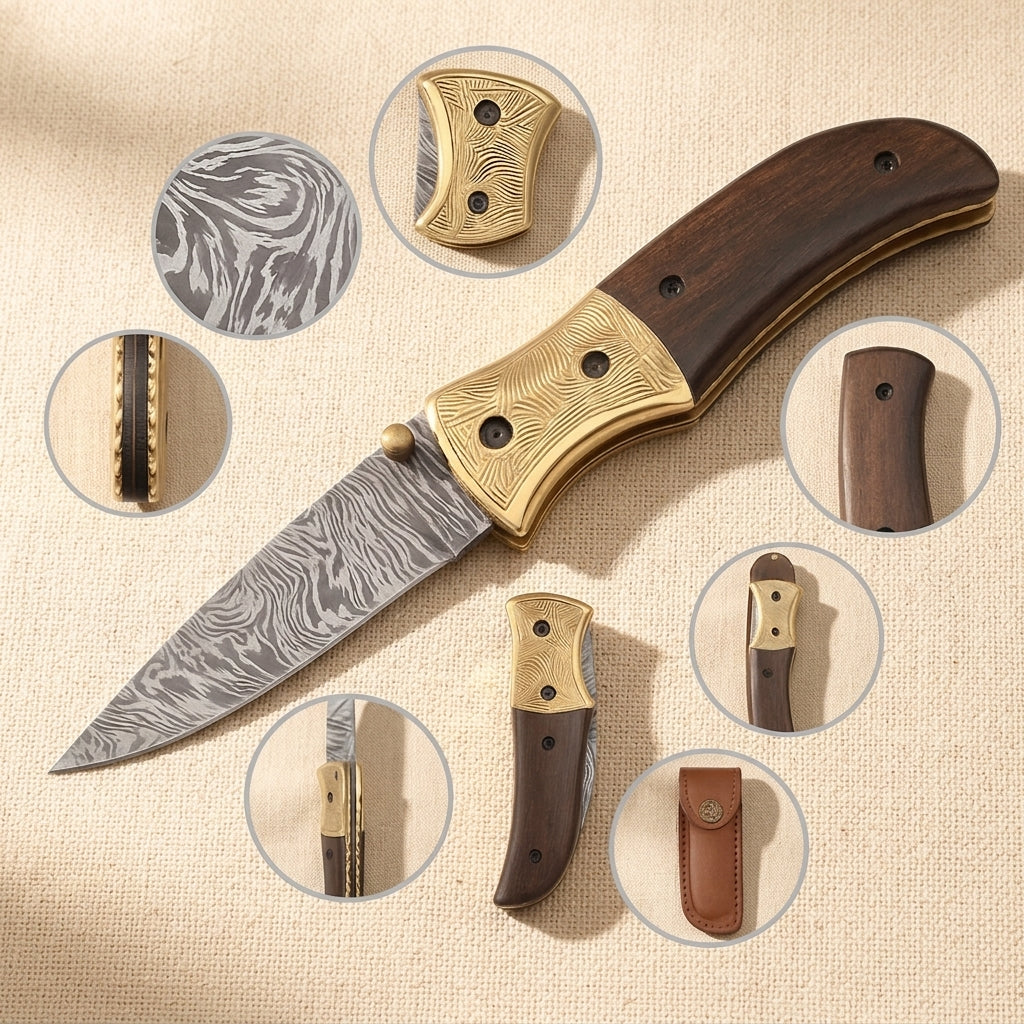 Fire-Pattern Damascus Steel Folding Knife (191mm) with Micarta Handle and Leather Sheath | Folding Knife | Toolsmith Ltd UK