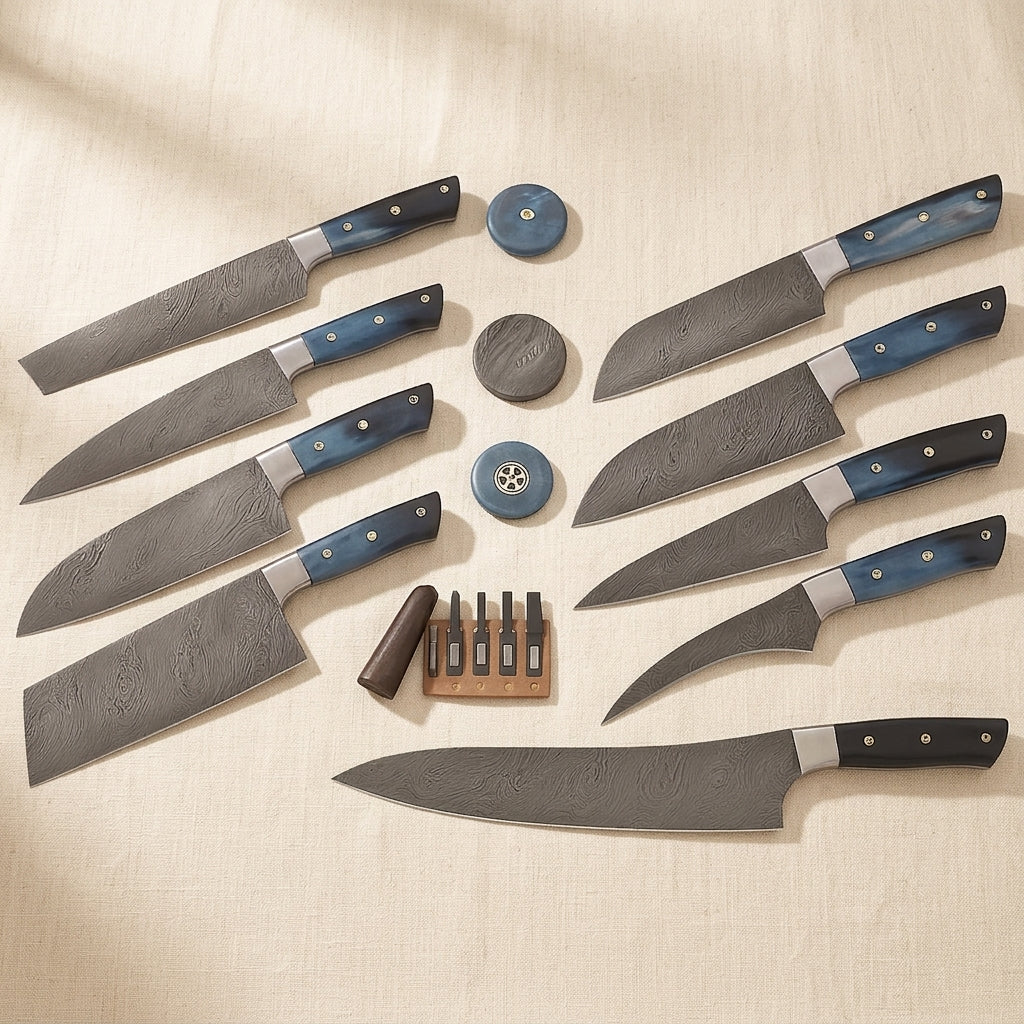 8-Piece Chef's Knife Set in Hand-Forged Damascus Steel with Coloured Bone Handles and Leather Roll | Kitchen Knife Set | Toolsmith Ltd UK