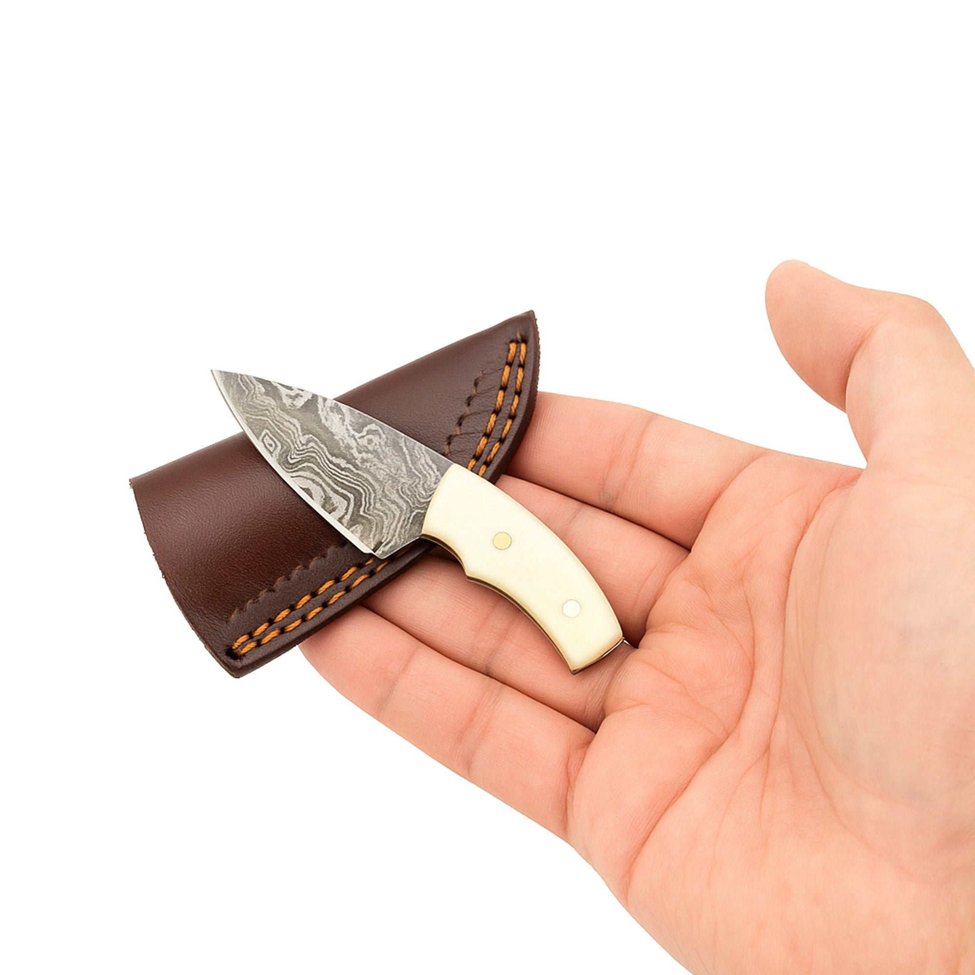 Miniature Damascus Skinner Knife, 76mm, Bone-Handled with Leather Sheath | Miniature Knife | Toolsmith Ltd UK