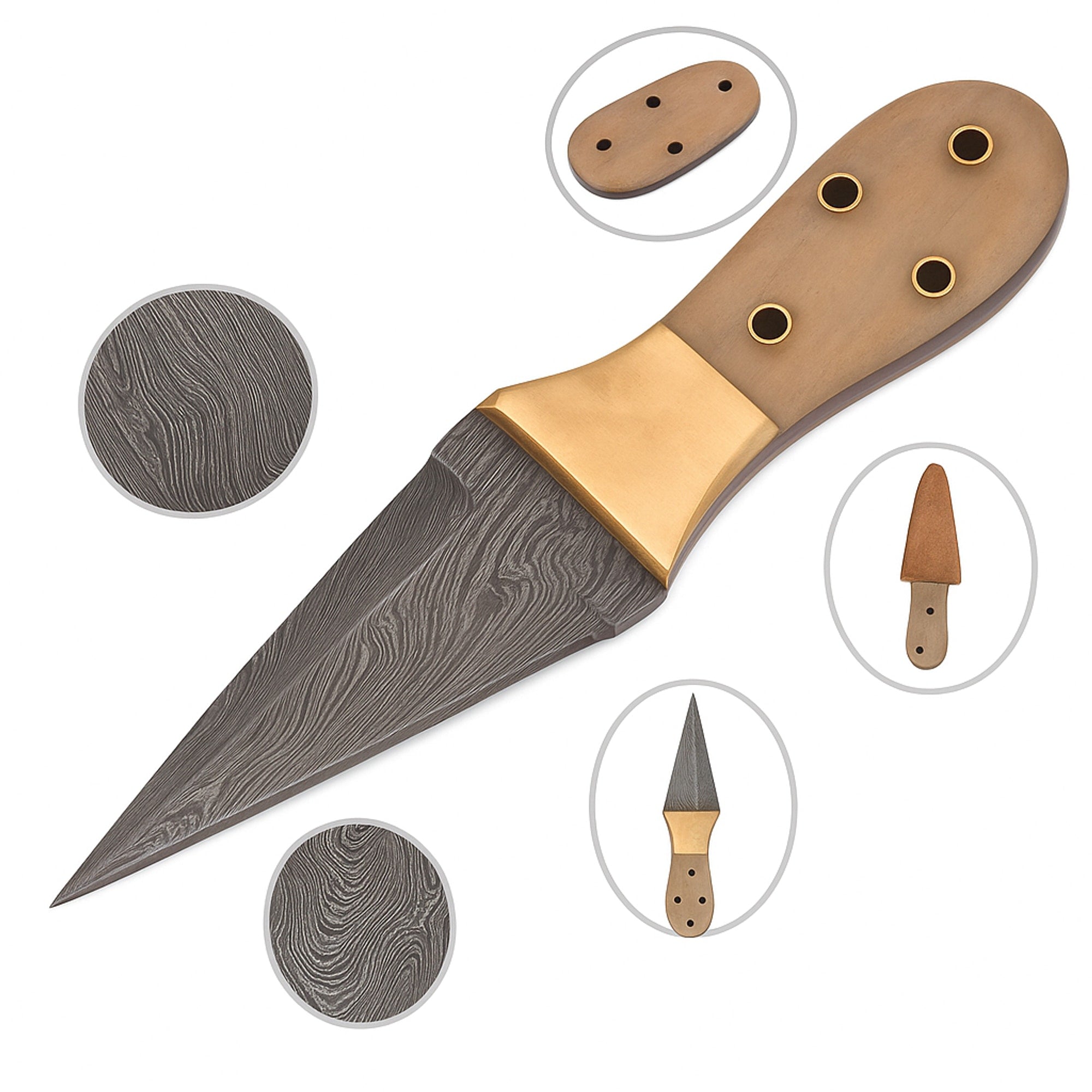 Damascus Steel Dagger, 216mm, with Bone-and-Brass Handle and Leather Sheath | Dagger | Toolsmith Ltd UK