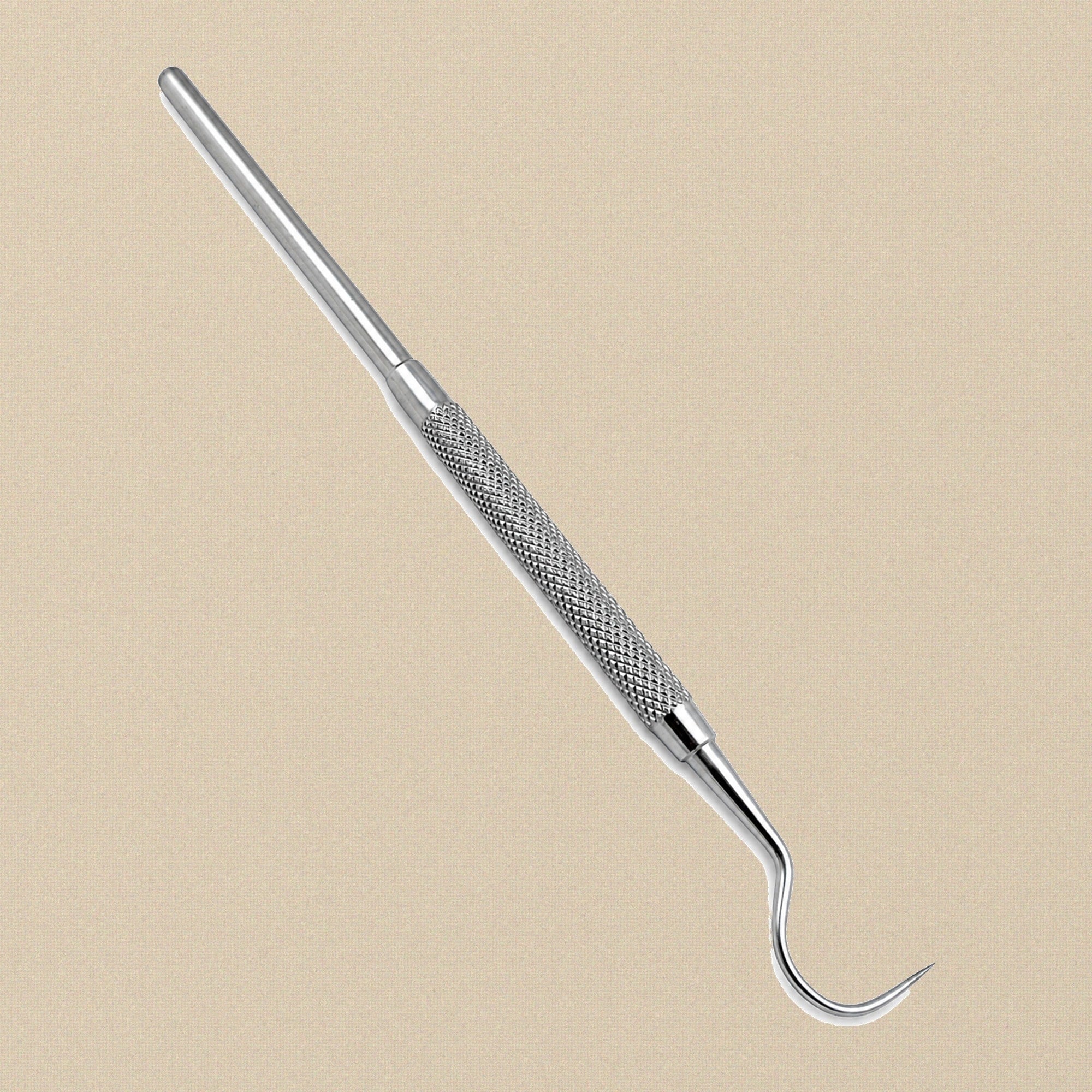 A No. 23 Shepherd's Hook dental explorer probe with a knurled stainless steel handle, shown against a white background.