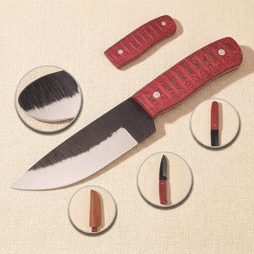 Hand-Forged Layered Steel Utility Knife (9.5-inch) with Red Pakkawood Handle and Leather Sheath | Utility Knife | Toolsmith Ltd UK