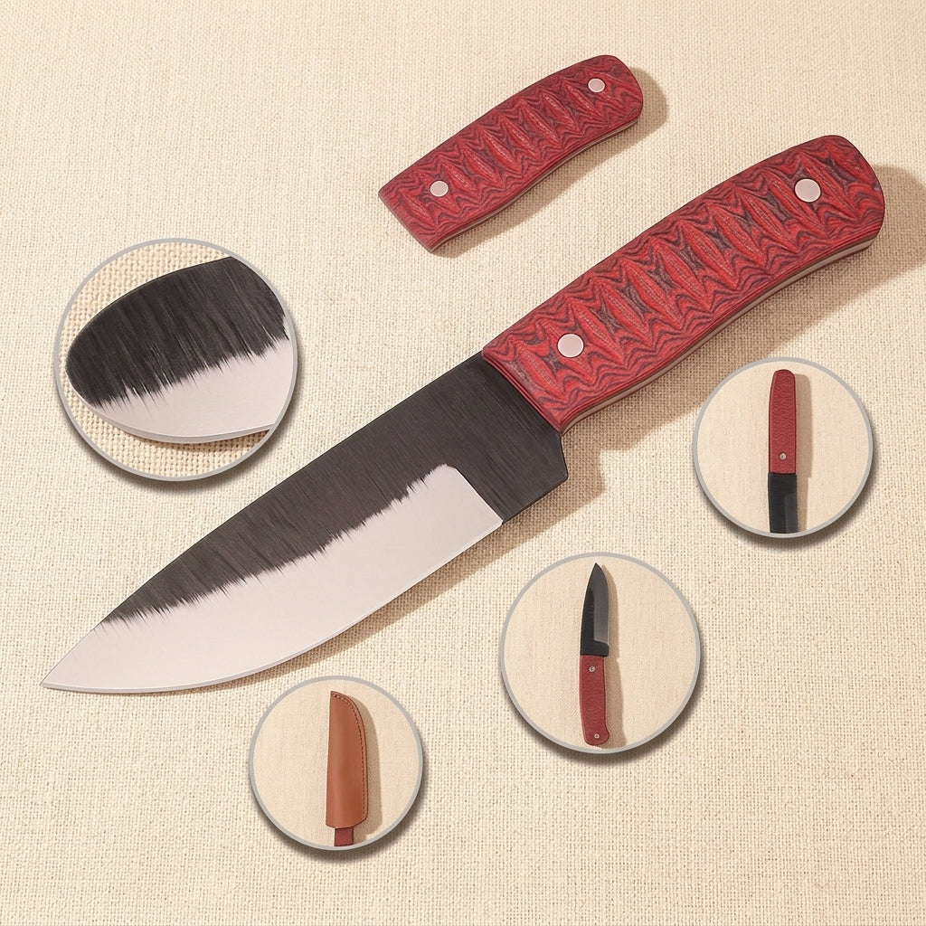 Hand-Forged Layered Steel Utility Knife (9.5-inch) with Red Pakkawood Handle and Leather Sheath | Utility Knife | Toolsmith Ltd UK