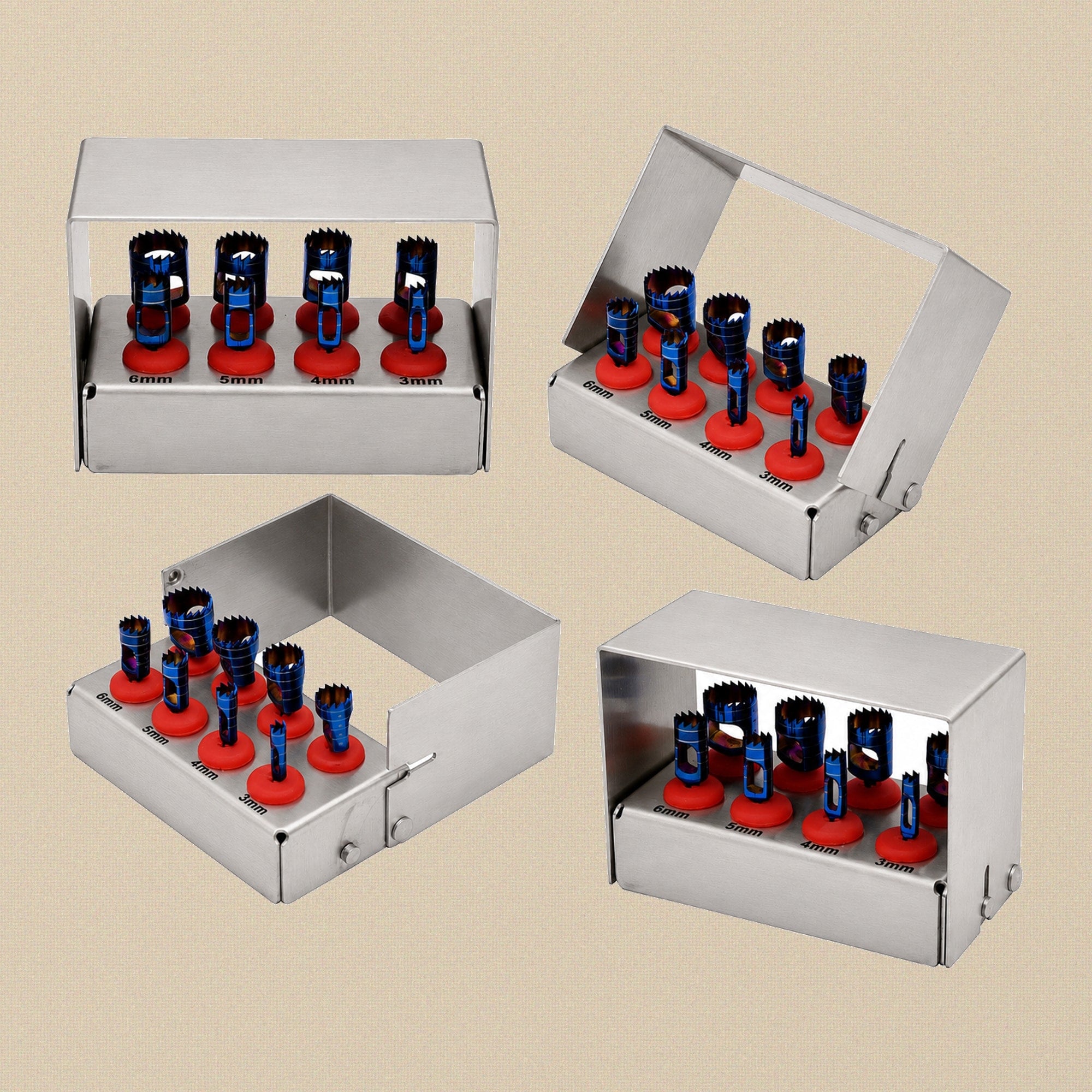 8-piece dental trephine drill kit in a stainless steel sterilisation case, showing all drill sizes.