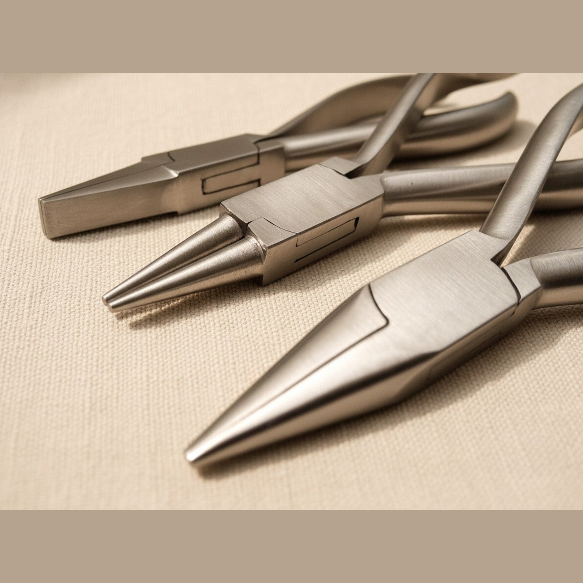 Set of three orthodontic pliers (flat, round, chain nose) made from stainless steel, arranged on a white background.