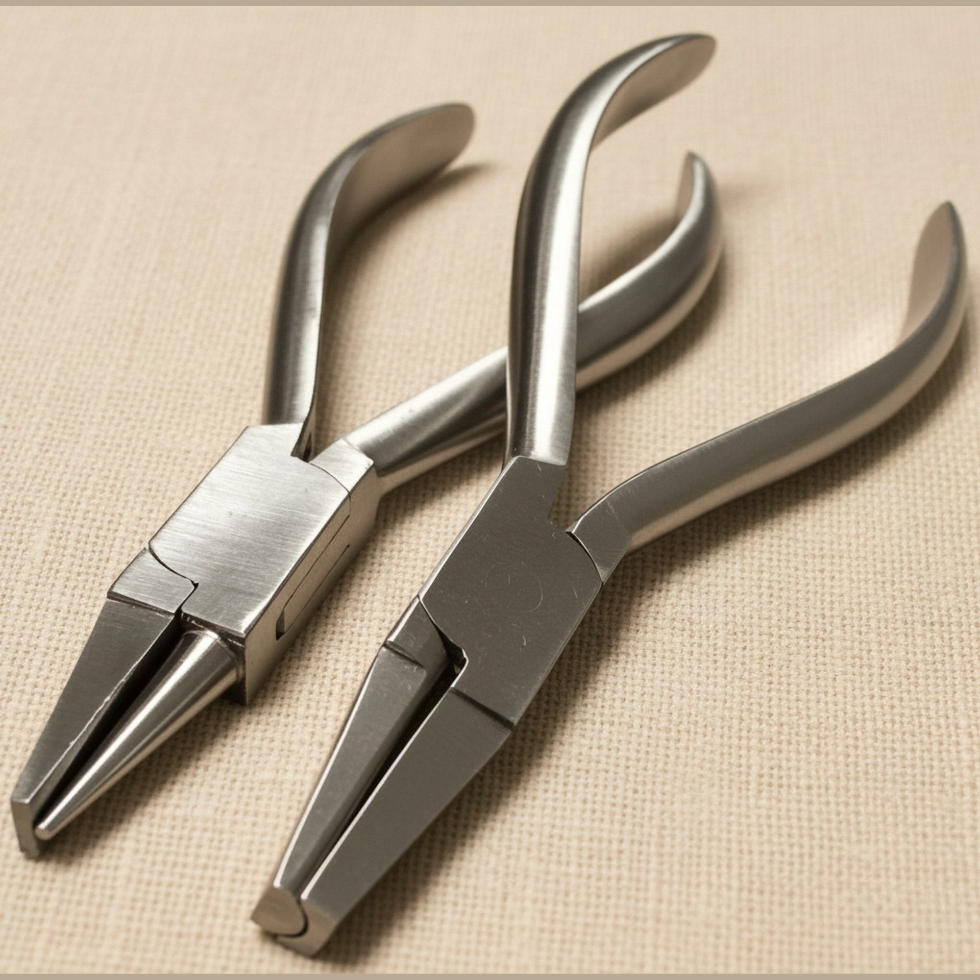 Set of two 14 cm orthodontic utility pliers, one with half-round concave jaws and one with round-flat jaws, shown against a white background.