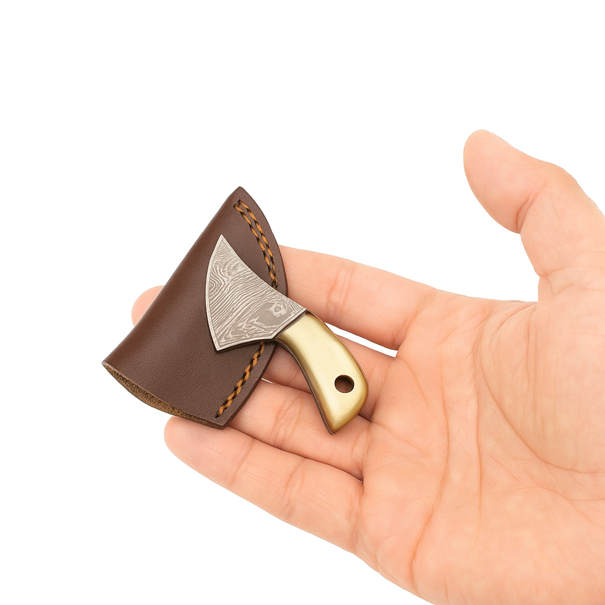 Miniature Damascus Skinner Knife, 66mm Brass-Handled, with Leather Sheath | Miniature Knife | Toolsmith Ltd UK