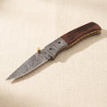 Ram-Horn Handled Damascus Folding Knife with Fire Pattern Blade & Sheath, 7.5-inch | Folding Knife | Toolsmith Ltd UK