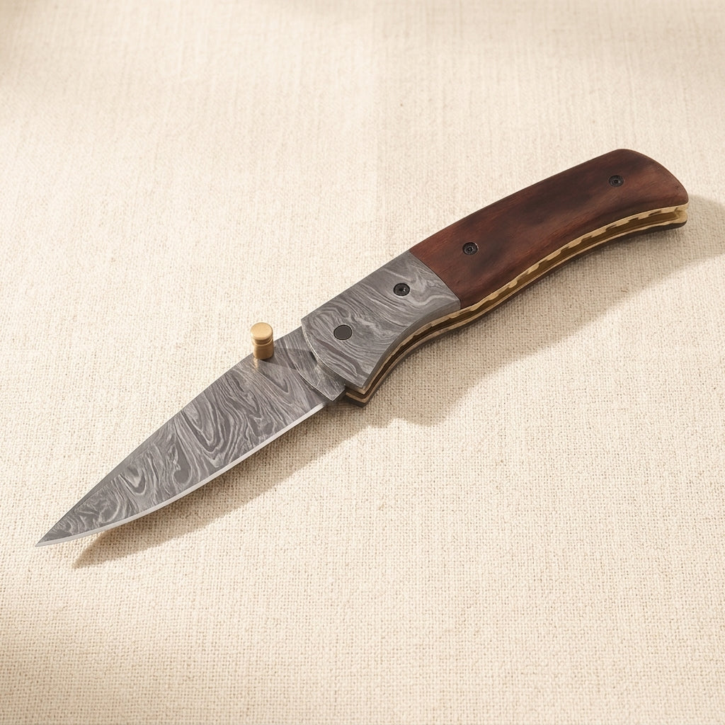 Ram-Horn Handled Damascus Folding Knife with Fire Pattern Blade & Sheath, 7.5-inch | Folding Knife | Toolsmith Ltd UK