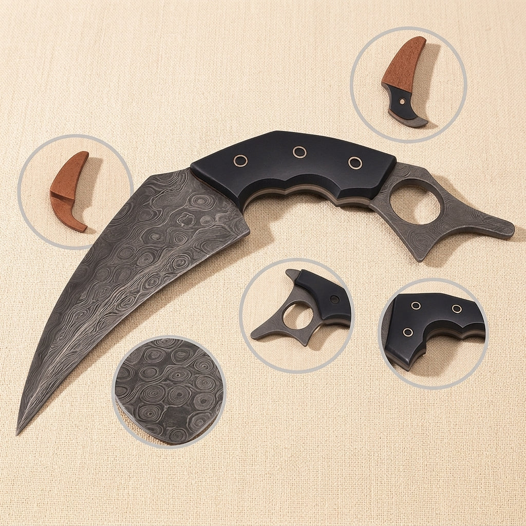 Hand-Forged Karambit Knife in Raindrop Damascus Steel with Black Micarta Handle | Knife | Toolsmith Ltd UK