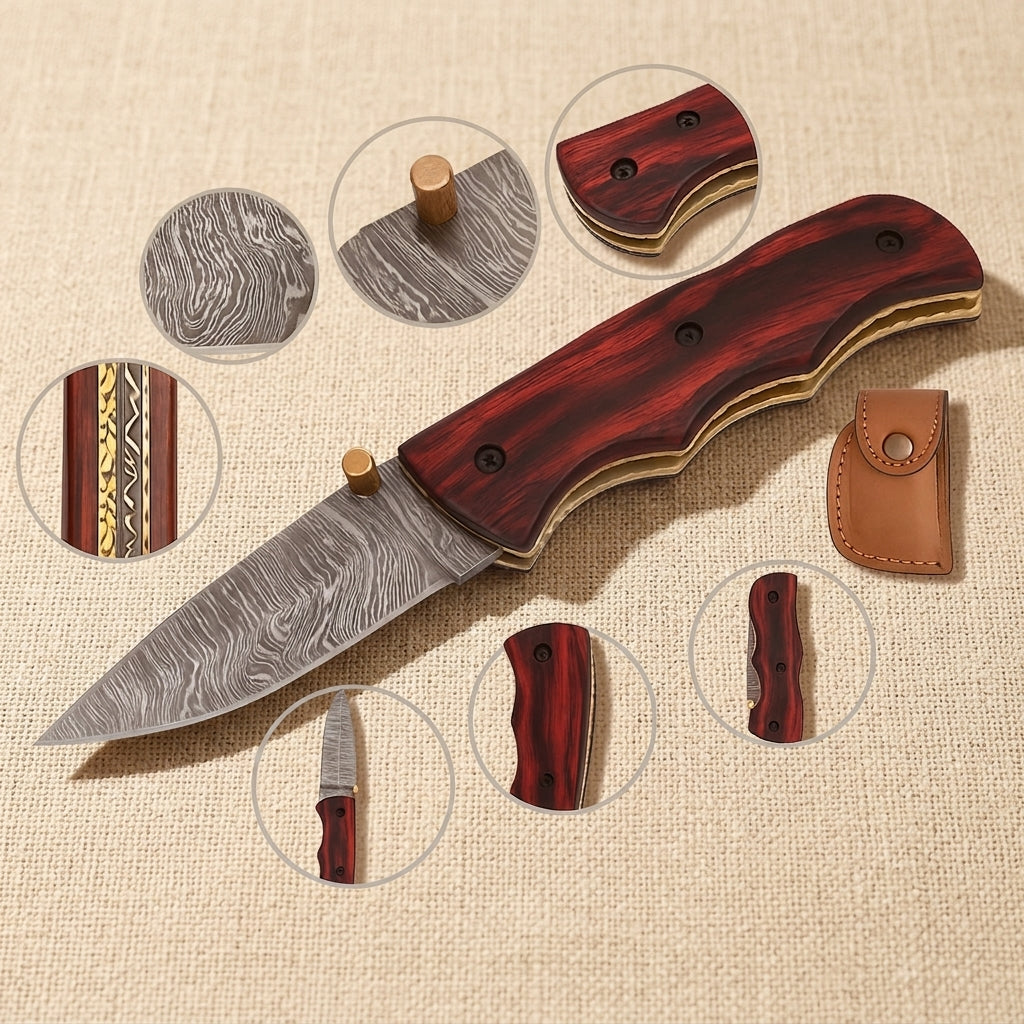 Folding Knife with 76mm Damascus Steel Blade, Red Pakkawood Handle and Leather Sheath | Folding Knife | Toolsmith Ltd UK