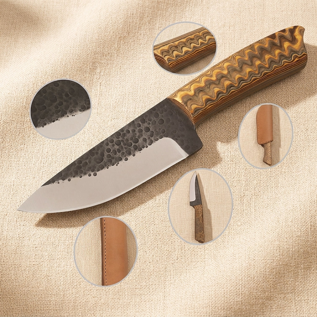 D2 Steel Skinner Knife with Textured 4.5-inch Blade, Pakkawood Handle and Leather Sheath | Fixed-Blade Knife | Toolsmith Ltd UK