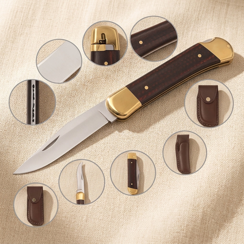 Folding Utility Knife, 231mm, with D2 Steel Blade, Micarta Handle and Leather Sheath | Folding Knife | Toolsmith Ltd UK