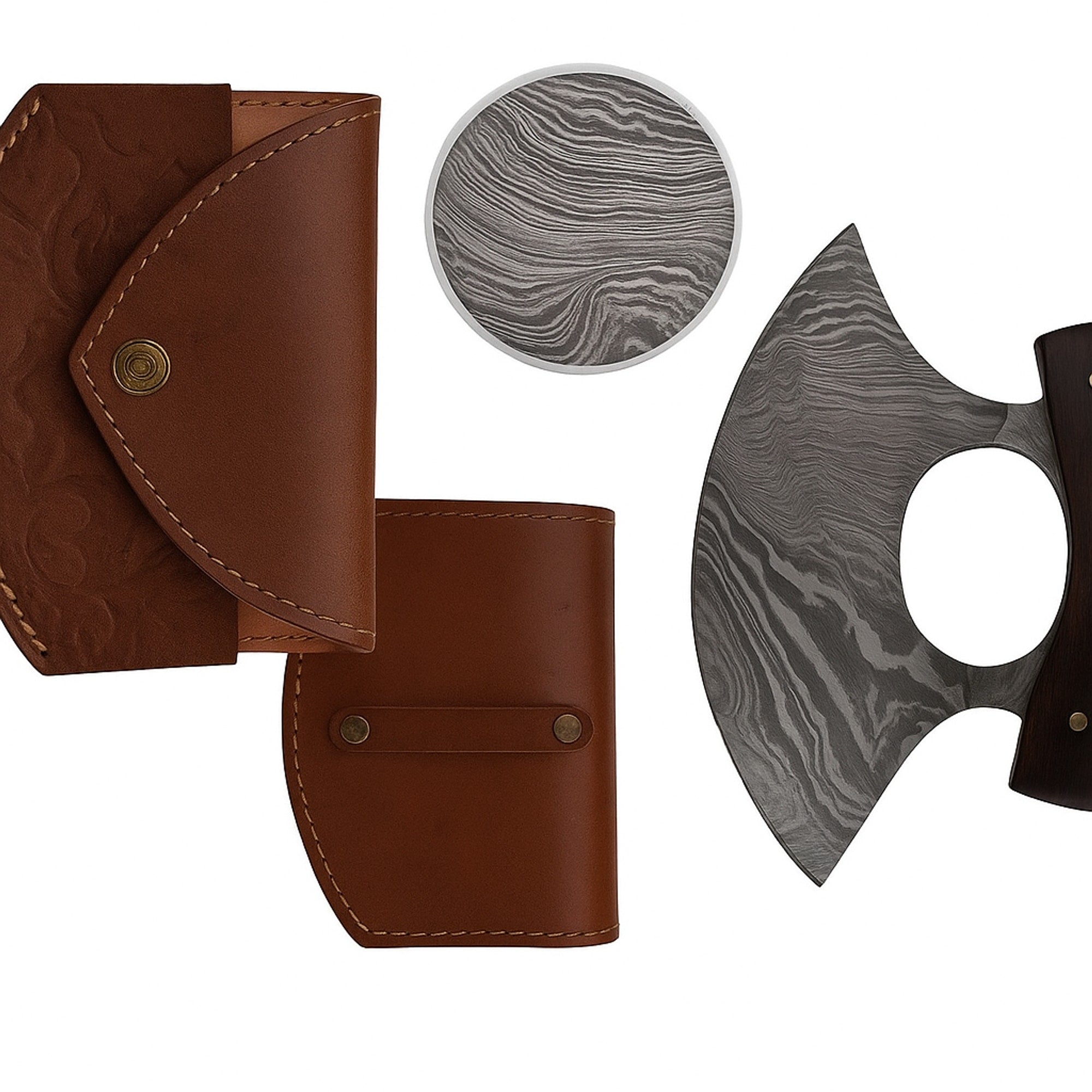 Ulu Knife with 6-inch Damascus Steel Blade, Rosewood Handle and Leather Sheath | Ulu Knife | Toolsmith Ltd UK