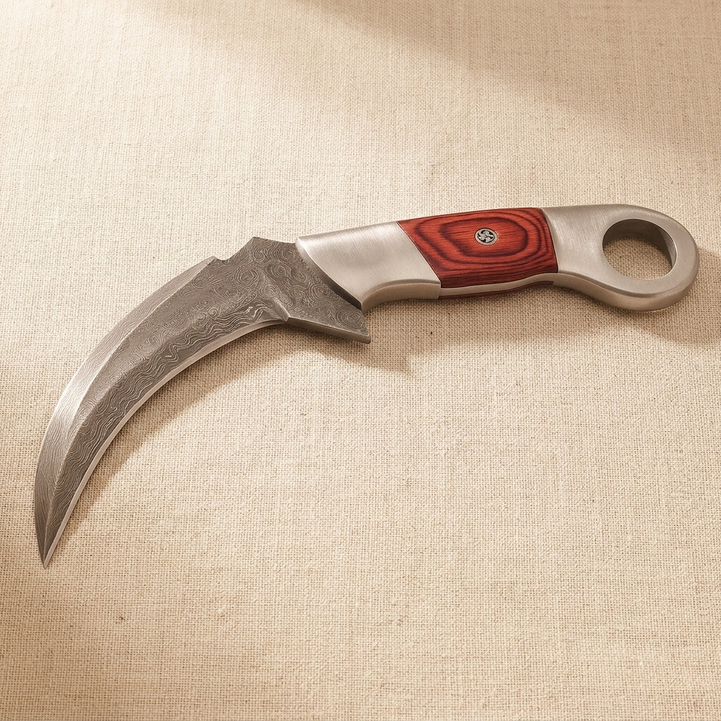 Karambit Knife with 5-Inch Raindrop Damascus Blade and Red Pakkawood Handle | Knife | Toolsmith Ltd UK