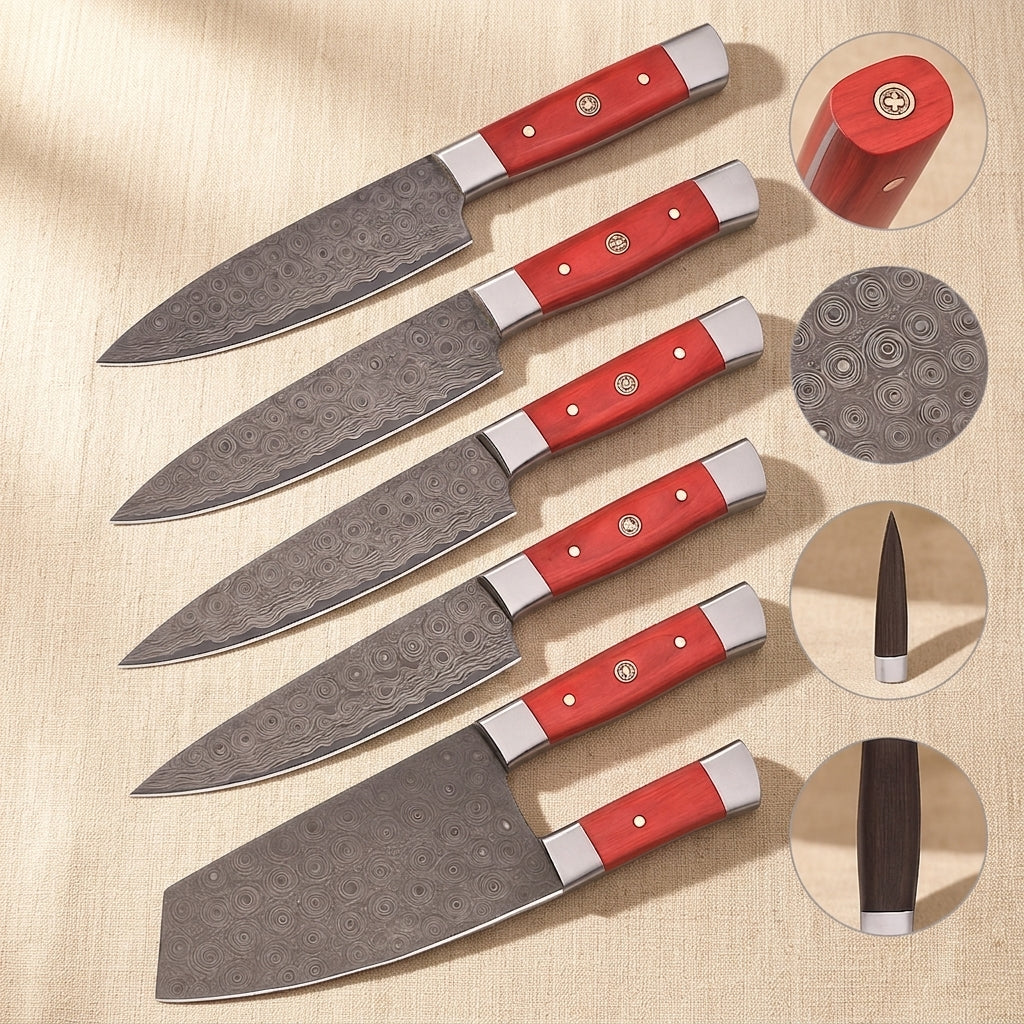Six-Piece Chef's Knife Set in Raindrop Damascus Steel with Red Pakkawood Handles | Kitchen Knife Set | Toolsmith Ltd UK