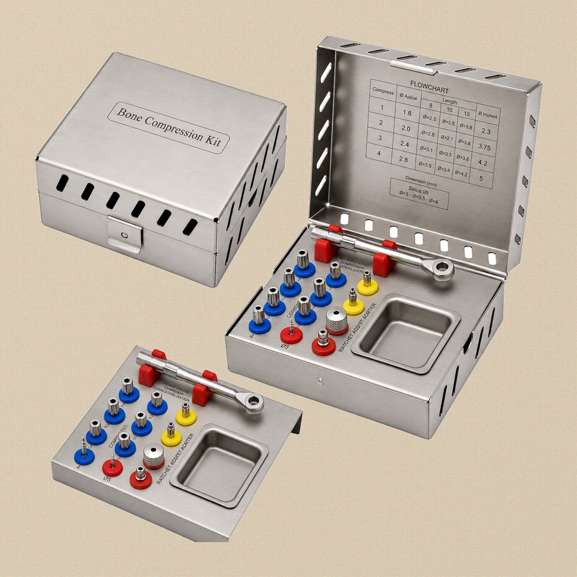 Complete dental bone compression screw kit in its open stainless steel case.