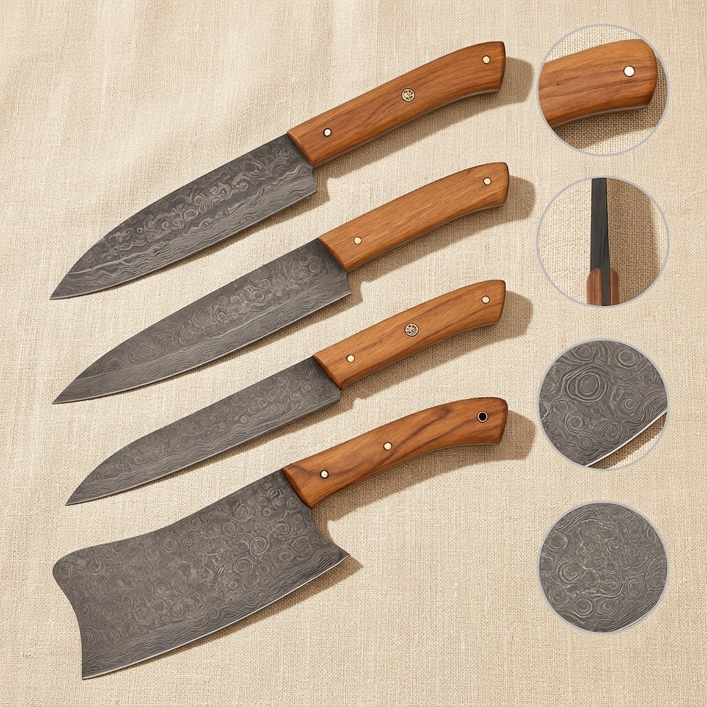 Four-Piece Damascus Chef Knife Set with Rosewood Handles and Leather Sheaths | Chef Knife Set | Toolsmith Ltd UK