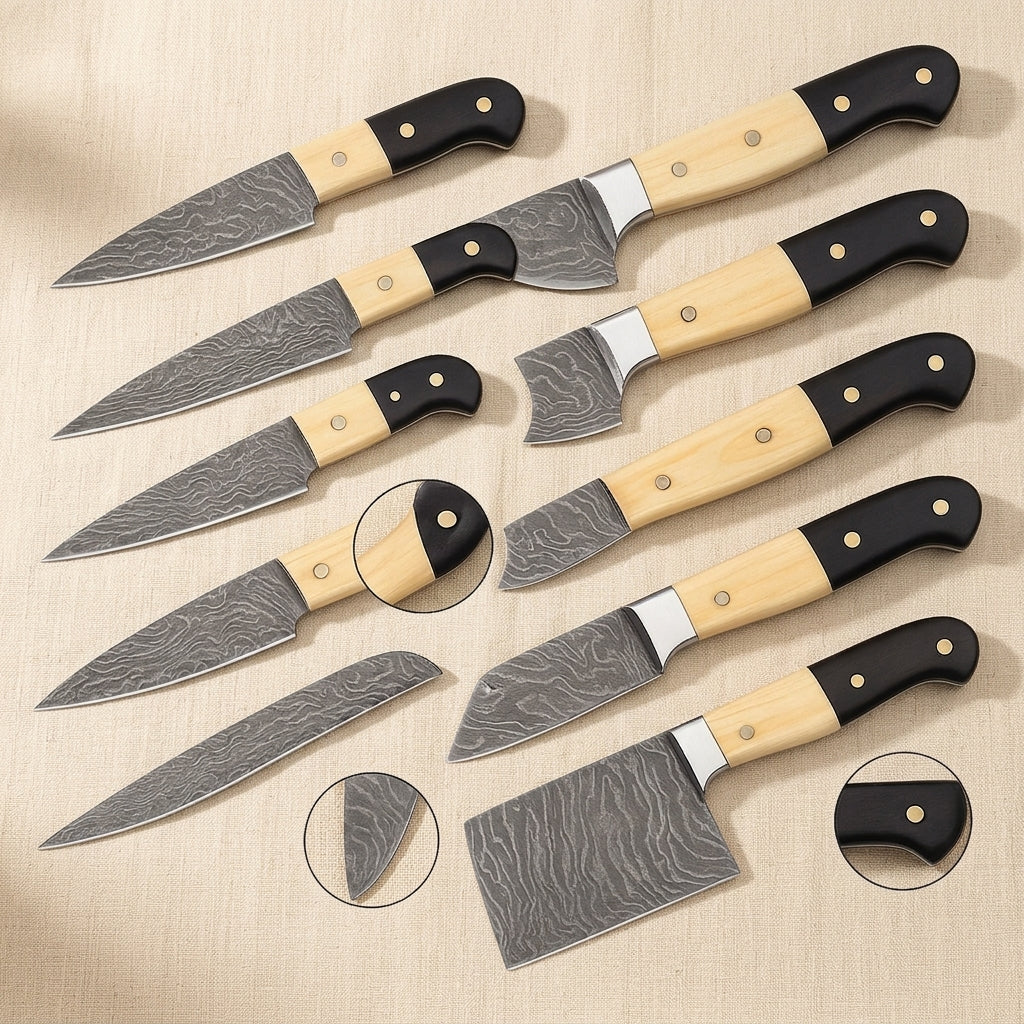 8-Piece Damascus Steel Chef Knife Set with Camel Bone & Micarta Handles and Leather Sheaths | Knife Set | Toolsmith Ltd UK