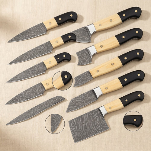8-Piece Damascus Steel Chef Knife Set with Camel Bone & Micarta Handles and Leather Sheaths | Knife Set | Toolsmith Ltd UK