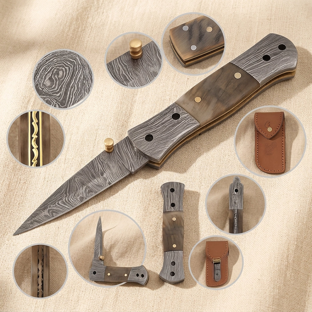 Ram-Horn Handled Folding Knife with Fire Pattern Damascus Blade & Leather Sheath, 190mm | Folding Knife | Toolsmith Ltd UK