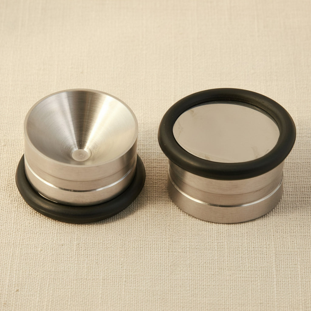 Autoclavable stainless steel mixing well, top-down view showing the polished interior.
