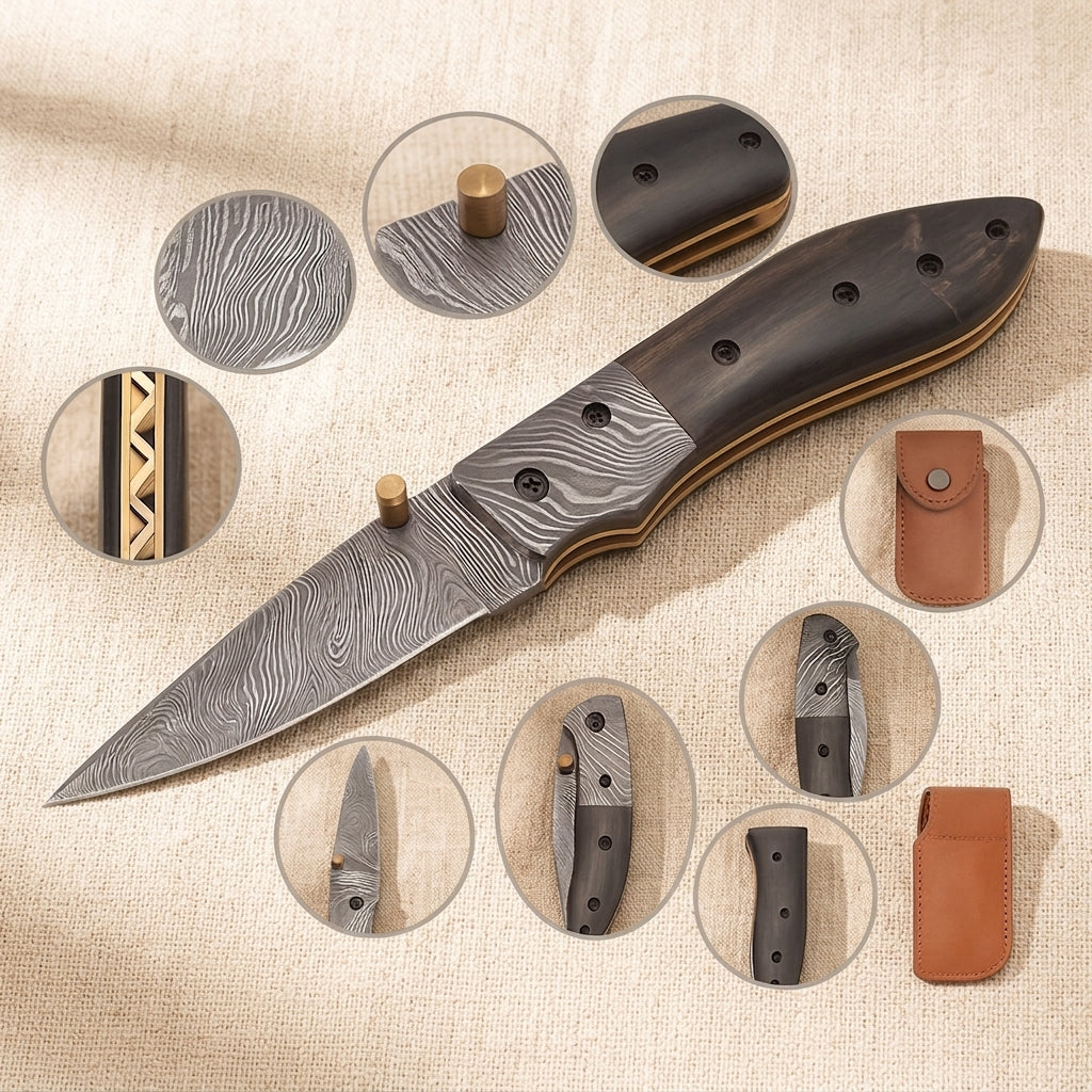 Buffalo Horn Handled Folding Knife with 76mm Damascus Steel Blade and Leather Sheath | Folding Knife | Toolsmith Ltd UK
