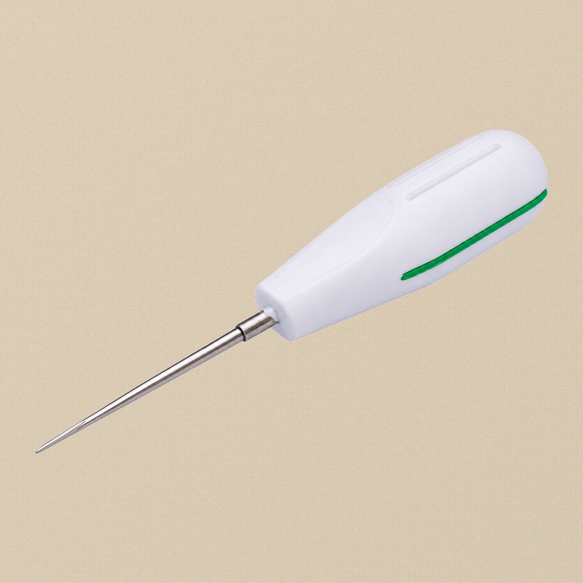 Straight 1 mm dental luxation elevator with a light green ergonomic handle, shown against a white background.