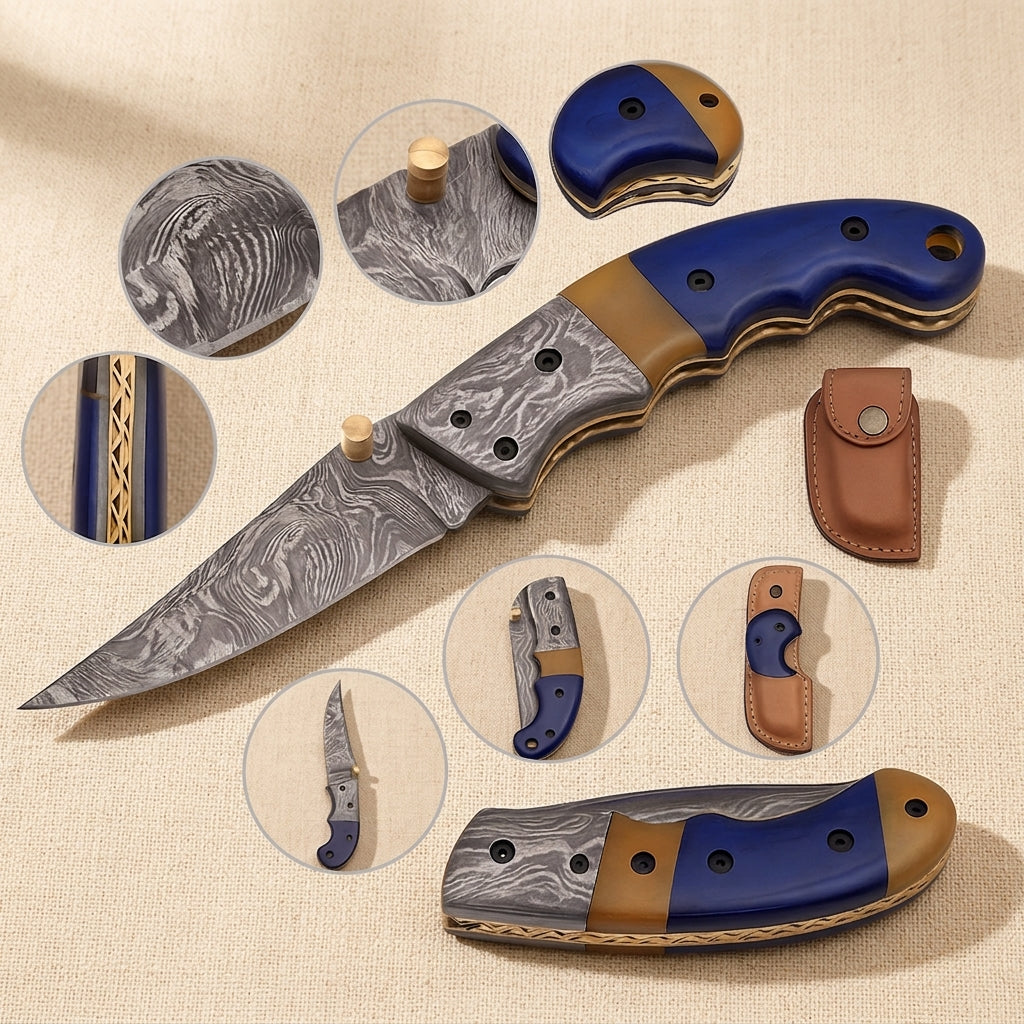 Damascus Steel Folding Knife with Blue Camel Bone Handle & Sheath, 7.5" (190mm) | Folding Knife | Toolsmith Ltd UK
