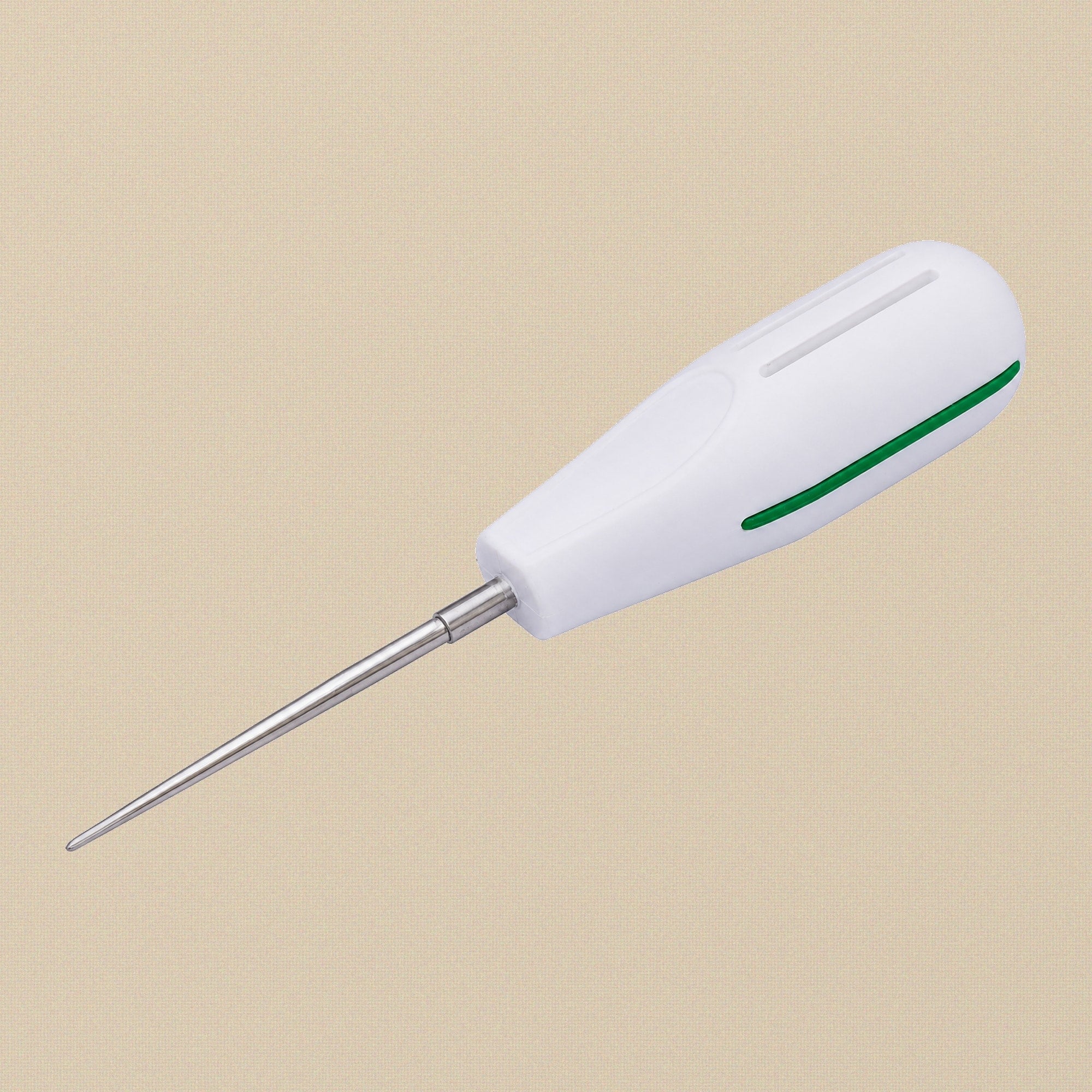 Straight 2 mm dental luxation elevator with green handle, showing the fine tapered blade.