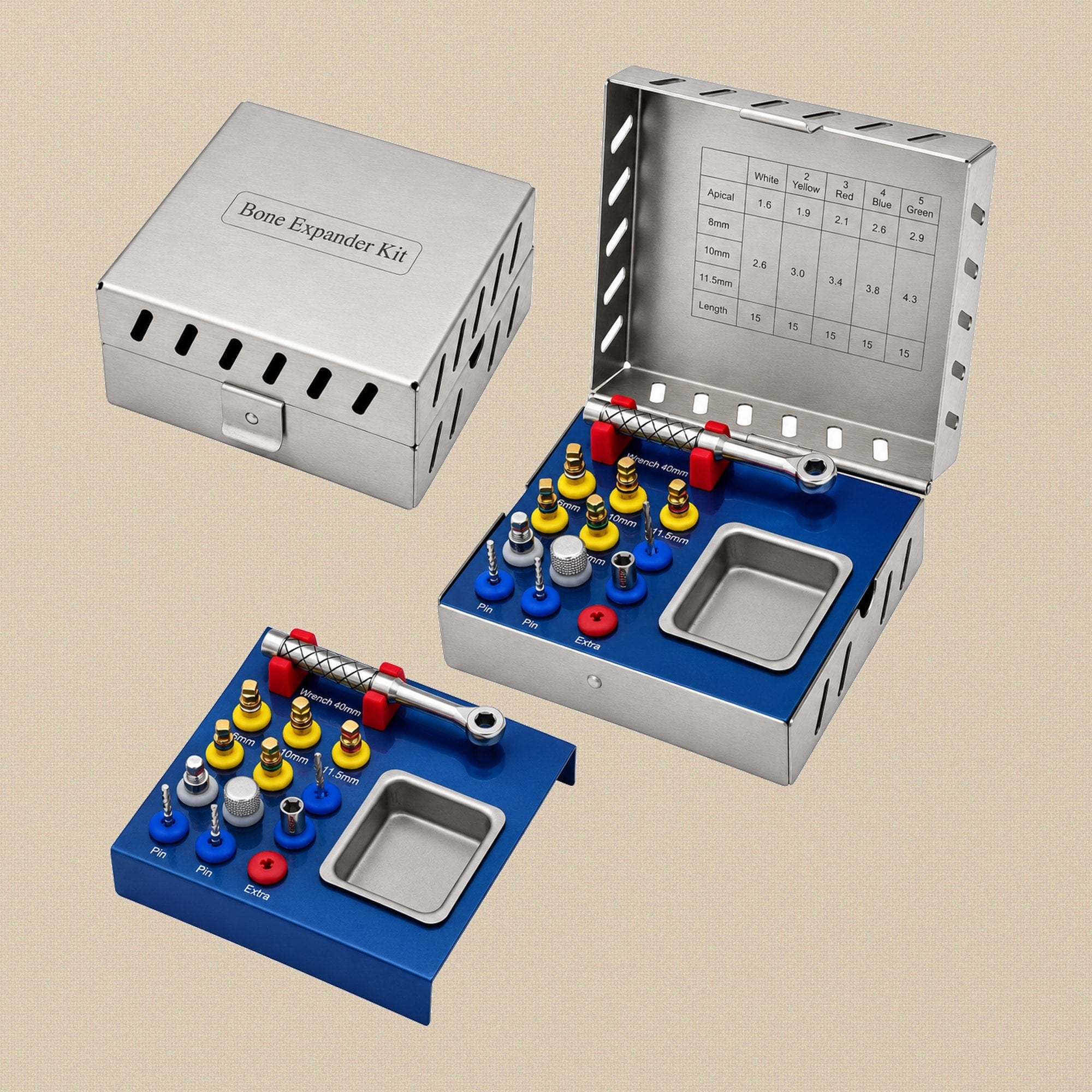 Complete 12-piece dental sinus lift and bone compression kit in its open stainless steel case.