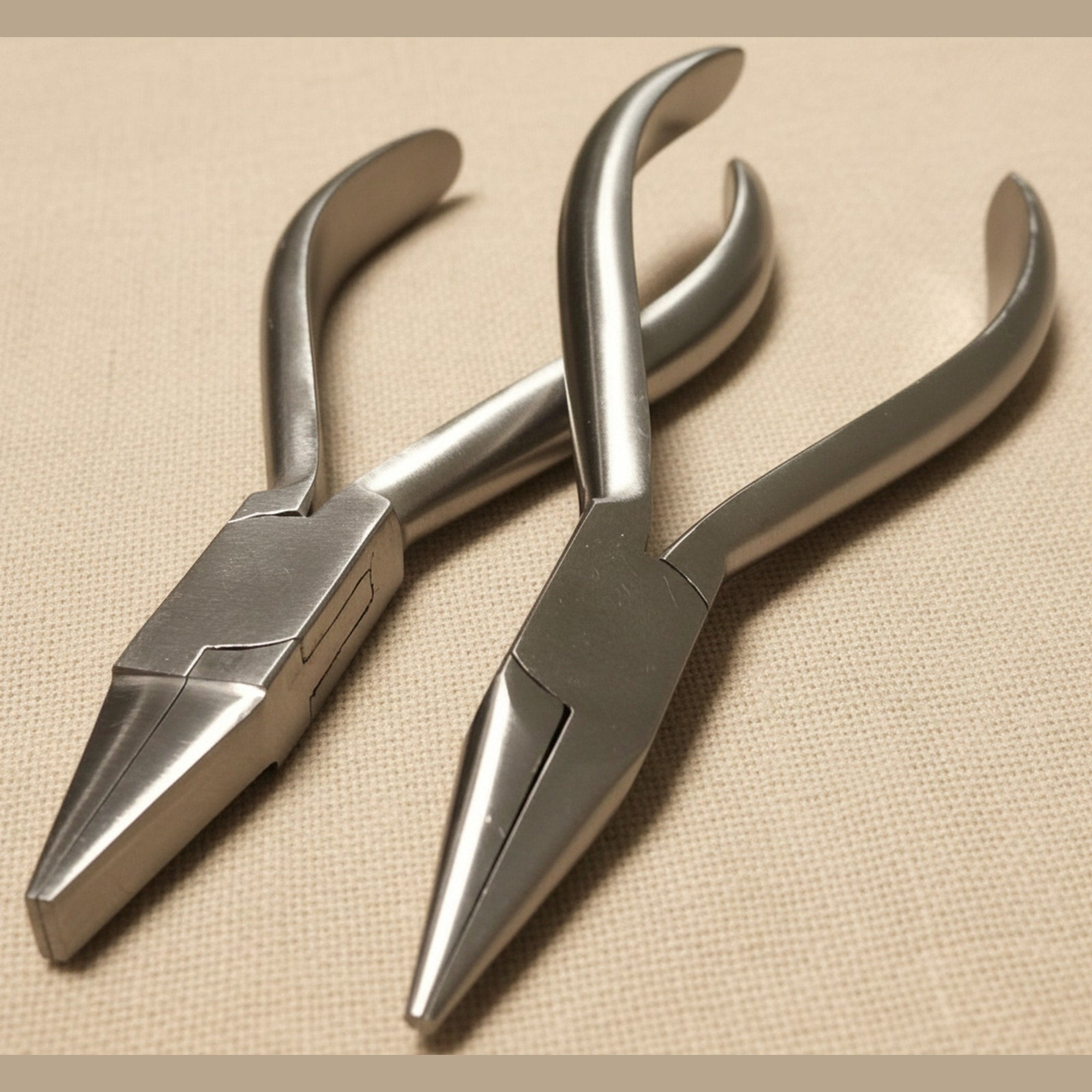 Set of two 14 cm stainless steel orthodontic pliers: one chain nose and one flat nose, shown side-by-side on a white background.