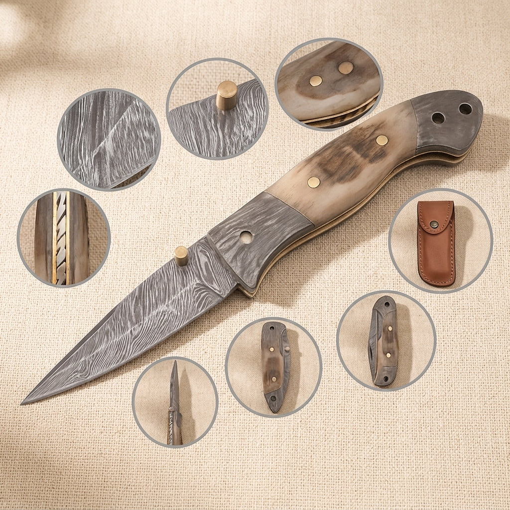 Folding Knife with Ram Horn Handle, 3.5" Fire Pattern Damascus Blade & Leather Sheath | Folding Knife | Toolsmith Ltd UK
