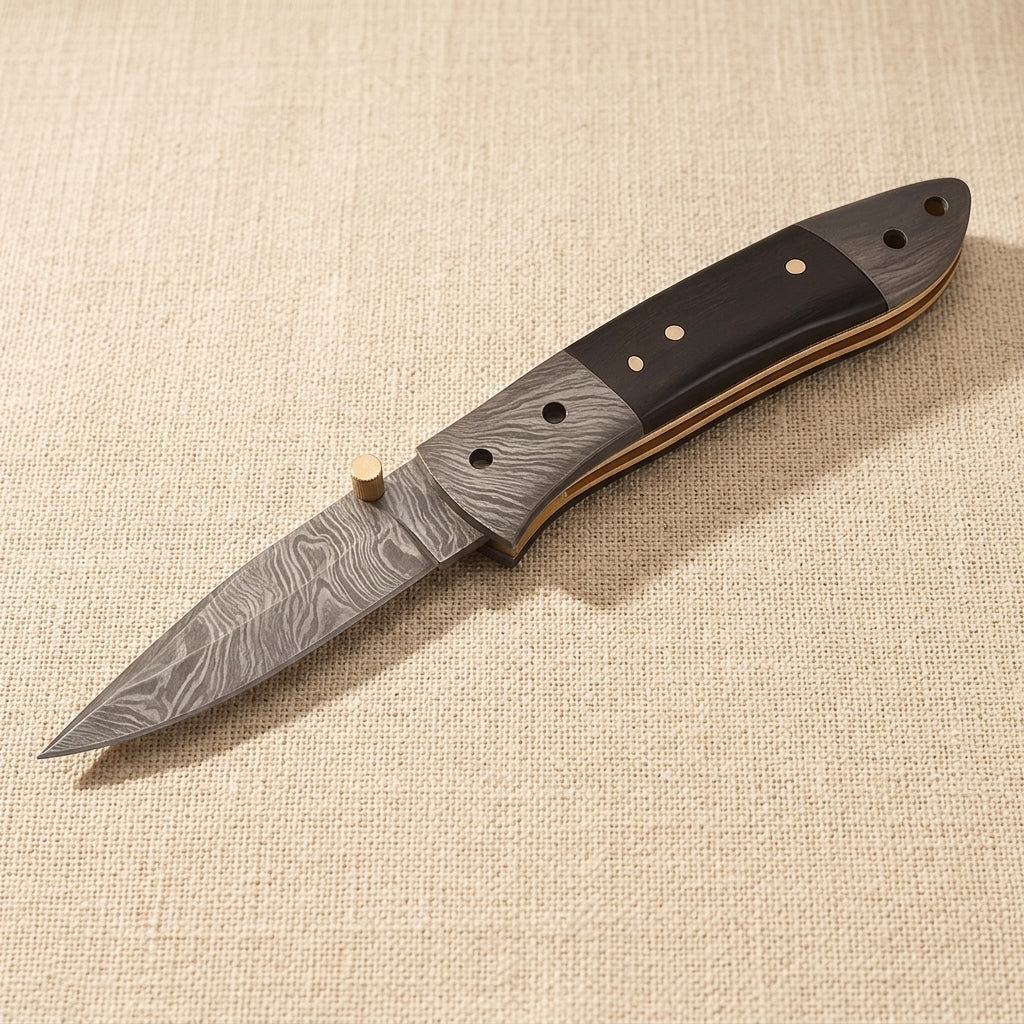Damascus Steel Folding Knife with Black Ram Horn Handle & Leather Sheath, 7.5-inch | Folding Knife | Toolsmith Ltd UK