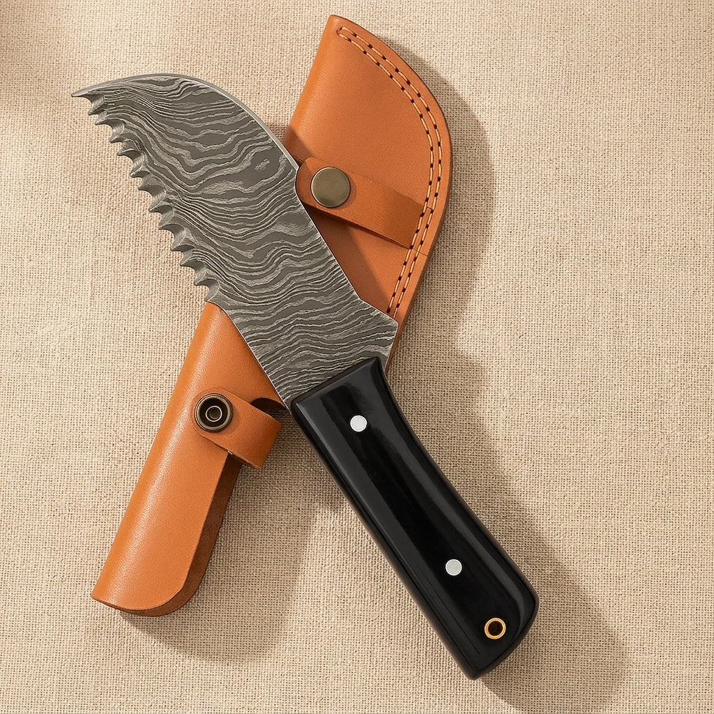 Damascus Steel Tracker Knife with 145 mm Blade, Buffalo Horn Handle and Leather Sheath | Tracker Knife | Toolsmith Ltd UK
