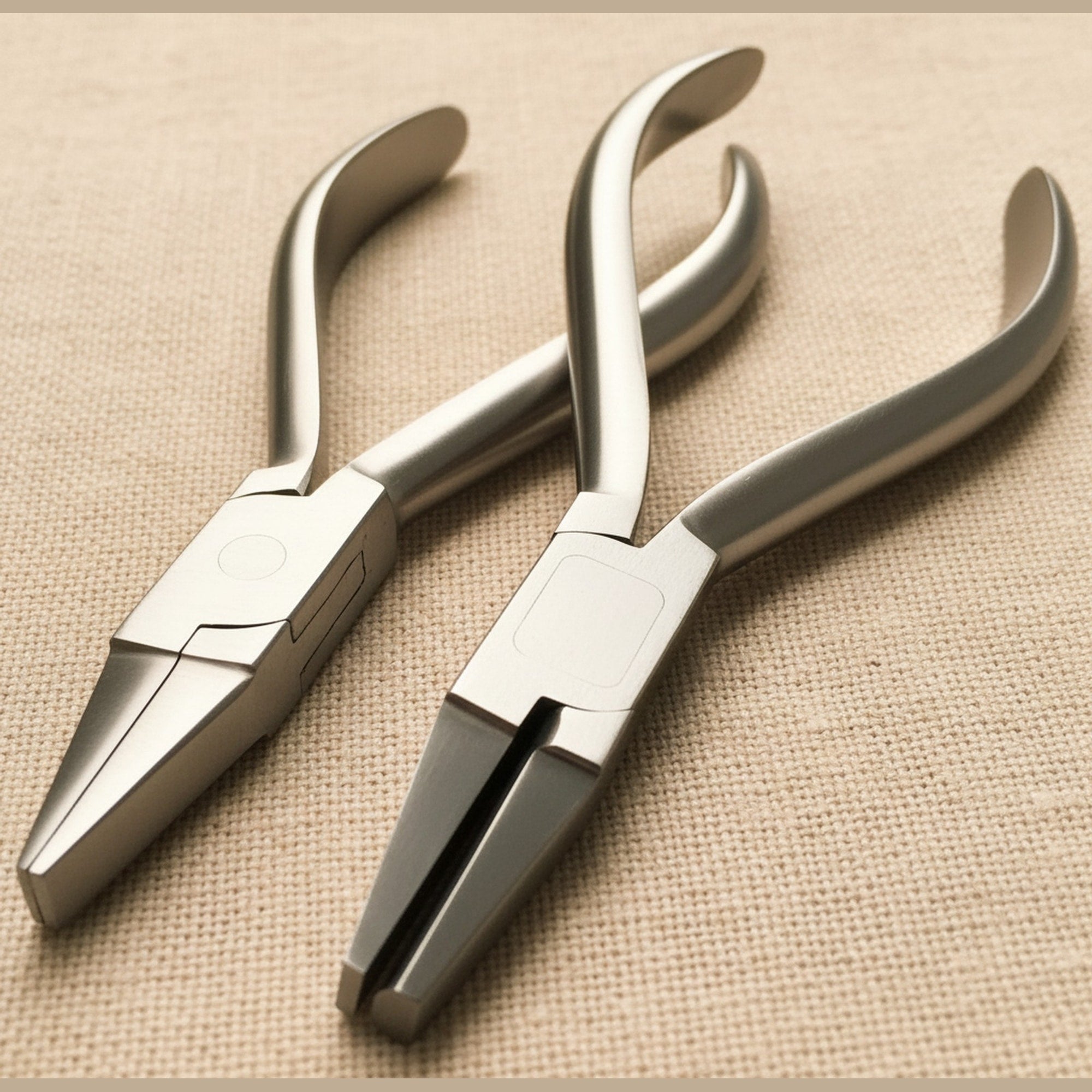 A set of two 14 cm stainless steel orthodontic utility pliers, one with flat jaws and one with half-round/flat jaws, shown against a white background.